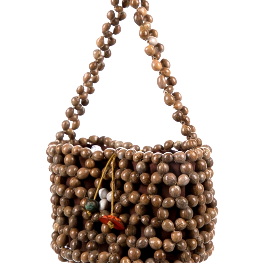 SENSI STUDIO Brown Wood Mini Bead Top Handle Handmade Open Bag